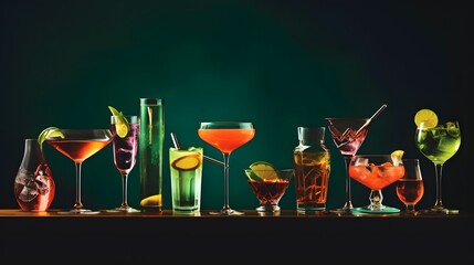 Alcoholic cocktails set, strong drinks and aperitifs, bar tools, bottles on dark green background, hard light. Martini vodka, pink lady, aperol spritz, margarita, old fashioned cocktail in glasses - obrazy, fototapety, plakaty