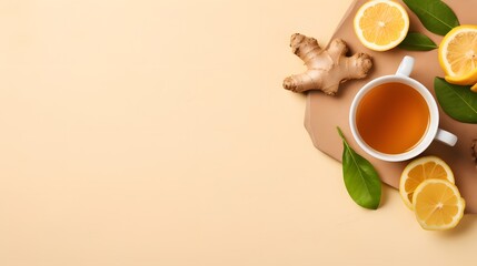 Obraz na płótnie Canvas Ginger tea. Cup of ginger tea with lemon, honey and mint on beige background. Concept alternative medicine, natural homemade remedy for cold and flu. Top view. Free space for your text.