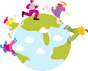 GROUP OF PEOPLE RUN ABOVE THE GLOBE