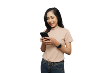 Beautiful Asian Girl Texting Cutout Isolated Background