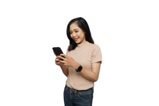 Beautiful Asian Girl Texting Cutout Isolated Background - Powered by Adobe