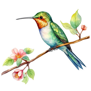 Hummingbird on a branch watercolor clipart on transparent background. Generative AI illustration