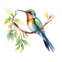 Hummingbird on a branch watercolor clipart on transparent background. Generative AI illustration