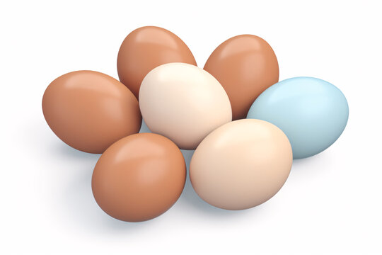 7 farm style eggs with different color shells rendered style; some brown, some off-white, one pale blue