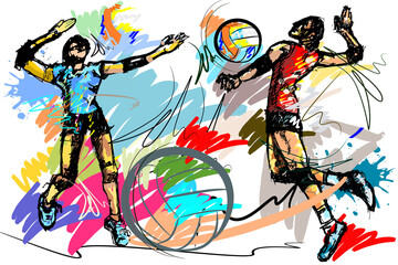 two lady volleyball hit over net sport art brush strokes style.