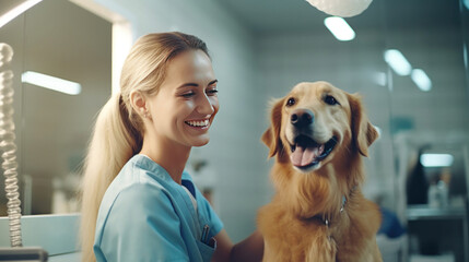 A beautiful female vet nurse doctor examining a cute happy golden retriever dog making medical tests in a veterinary clinic. Veterinarian concept.