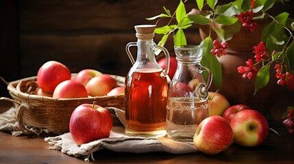 Vinegar, fresh apples on kitchen background