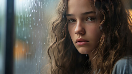 A beautiful young girl sad and depressed looking out of the window with raindrops on the glass window on a rainy day.