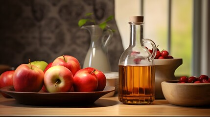 Vinegar, fresh apples on kitchen background