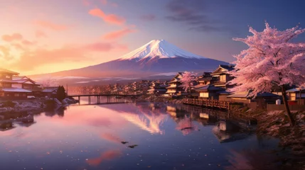 Fototapete Fuji Beautiful japanese village town in the morning. buddhist temple shinto at sea river, cherry blossom sakura growing, mount fuji in background.