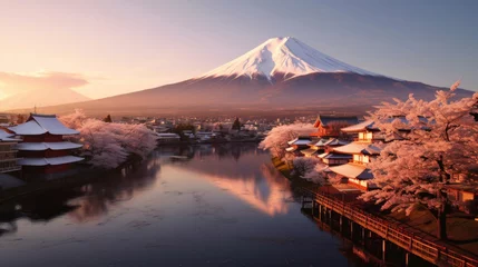 Papier Peint photo autocollant Mont Fuji Beautiful japanese village town in the morning. buddhist temple shinto at sea river, cherry blossom sakura growing, mount fuji in background.