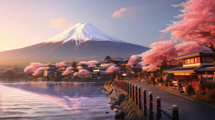 Beautiful japanese village town in the morning. buddhist temple shinto at sea river, cherry blossom sakura growing, mount fuji in background. - obrazy, fototapety, plakaty