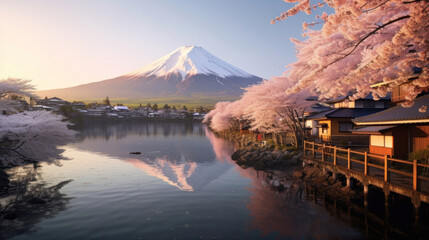 Beautiful japanese village town in the morning. buddhist temple shinto at sea river, cherry blossom...