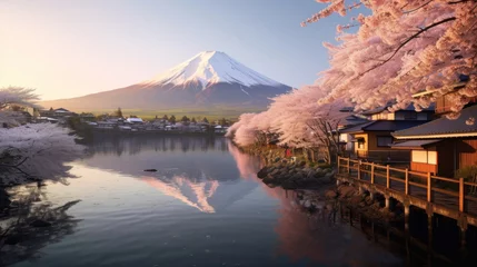 Photo sur Plexiglas Mont Fuji Beautiful japanese village town in the morning. buddhist temple shinto at sea river, cherry blossom sakura growing, mount fuji in background.
