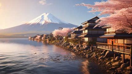 Gordijnen Beautiful japanese village town in the morning. buddhist temple shinto at sea river, cherry blossom sakura growing, mount fuji in background. © tong2530