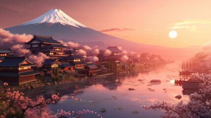 Beautiful japanese village town in the morning. buddhist temple shinto at sea river, cherry blossom sakura growing, mount fuji in background. - Powered by Adobe