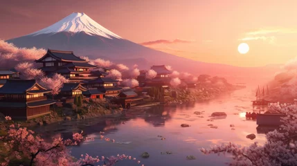 Poster Beautiful japanese village town in the morning. buddhist temple shinto at sea river, cherry blossom sakura growing, mount fuji in background. © tong2530