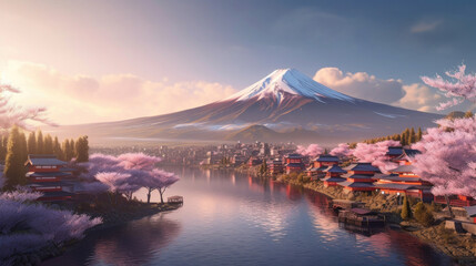 Beautiful japanese village town in the morning. buddhist temple shinto at sea river, cherry blossom sakura growing, mount fuji in background. - obrazy, fototapety, plakaty