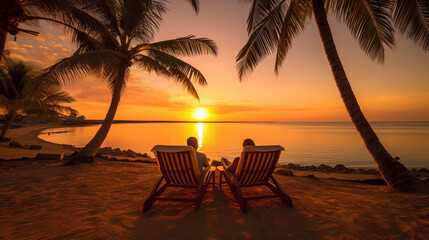 Couple resting together on sun loungers during beach vacations on a tropical island.