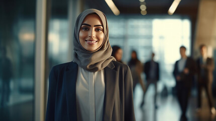 Portrait of smiling muslim female CEO or chief executive officer running a large corporation as boss.