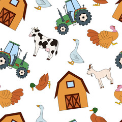 Vector seamless pattern with farm animals, tractor and barn on white. Cute cow, chicken and turkey.