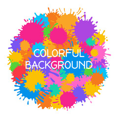 Fototapeta na wymiar Paint splash colorful round background for Holi festive. Bright banner with colored cartoon splatter, stain and splat, liquids drop. Greeting poster or party invitation mockup vector template