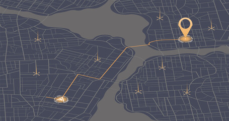 Dashboard with satellite, location and roadmap for navigation. Big data in modern city. Abstract city. Futuristic gps map navigator system, direction path, location tracks dashboard. Vector