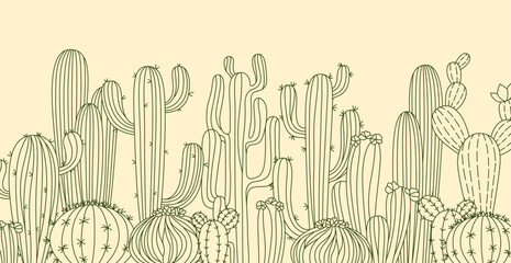 Cactus horizontal poster or background. Botanical doodle ornament succulent desert plants. Exotic western mexico linear cacti. Trendy cartoon outline pattern with cactus vector illustration isolated - obrazy, fototapety, plakaty