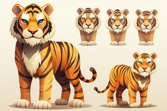Set of cute tiger isolated , Animal cartoon character , Collection