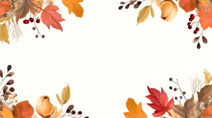 Fototapeta na wymiar Autumn, Thanksgiving and Harvest Day frame with hand drawn colorful leaves, berries, acorns. Fall seasonal background with cozy elements. Vector illustration.