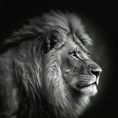 AI generated illustration of a head of a lion in a grayscale on an isolated background