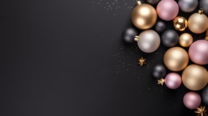 blach, pink and golden christmas balls on balck ground with space for text, elegant christmas background