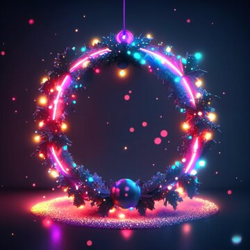 3d render. Abstract geometric background of neon linear ring glowing dark in christmas
