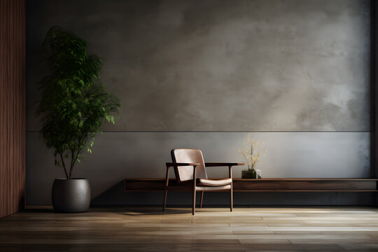 Concrete walls and wooden furniture with wooden chair, in the style of dark gray and dark beige, minimalist background