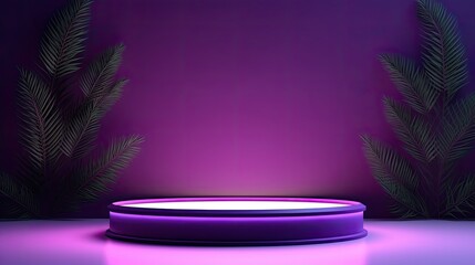 3D Empty Podium And Pine Leaves On Purple Light Effect