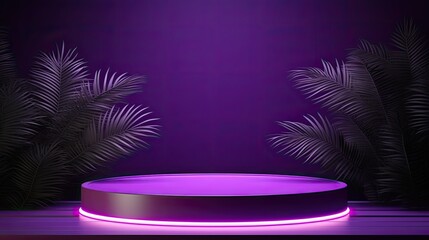 3D Empty Podium And Pine Leaves On Purple Light Effect