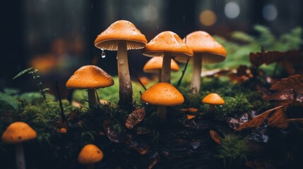 Fototapeta premium Little wet mushrooms in a forest.