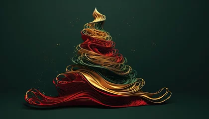 Gardinen christmas tree tangled distorted wave shapes, red green and gold on a green background © NAITZTOYA