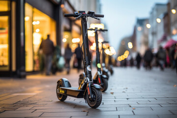 electric scooter in the city landscape, standing on the road - obrazy, fototapety, plakaty