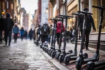 Fototapeta premium Electric scooters are lined up in a row along a cobblestone road in the city, with people walking in the distance.