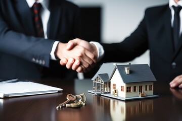 A background image with a miniature house, keys, and a handshake in the background symbolizes a real estate transaction, conveying trust and agreement. Photorealistic illustration