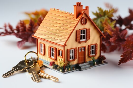 A background image featuring a miniature house with keys conveys the concept of homeownership or real estate transactions, creating a visually symbolic composition. Photorealistic illustration