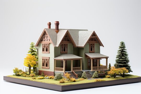 A background image with a miniature house set against a white background creates a simple and visually clean depiction of a miniature dwelling. Photorealistic illustration