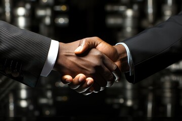 Two businessmen in suits shaking hands with a blurred background, signifying a professional agreement or partnership in a corporate setting. Photorealistic illustration