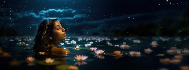 Young Mixed Race Biracial Latina Black Woman Relaxing in Dreamy Water River Lake Spa Breathing Relaxing with Flowers, Stars Clouds at Night with Room for Text Copy - obrazy, fototapety, plakaty