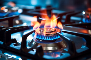 Closeup of blue flames burning on a kitchen gas stove, capturing the natural beauty of the flame with selective focus.  Bright image. - obrazy, fototapety, plakaty