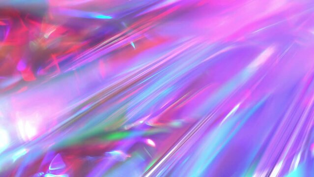 Iridescent sparkling glow. Led neon purple pink gold glowing. Refraction of rays through a prism. Abstract festive moving background for holiday