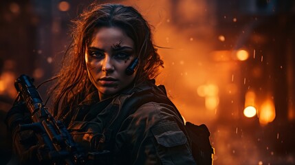 special forces woman in the city at war. - obrazy, fototapety, plakaty