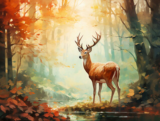 A deer in autumn forest calm and peacful in watercolor and acrylic style