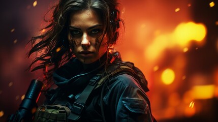 Obraz premium special forces woman in the city at war.